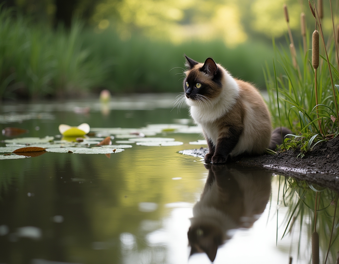 Cat observes a serene countryside pond, reflected in its still waters.