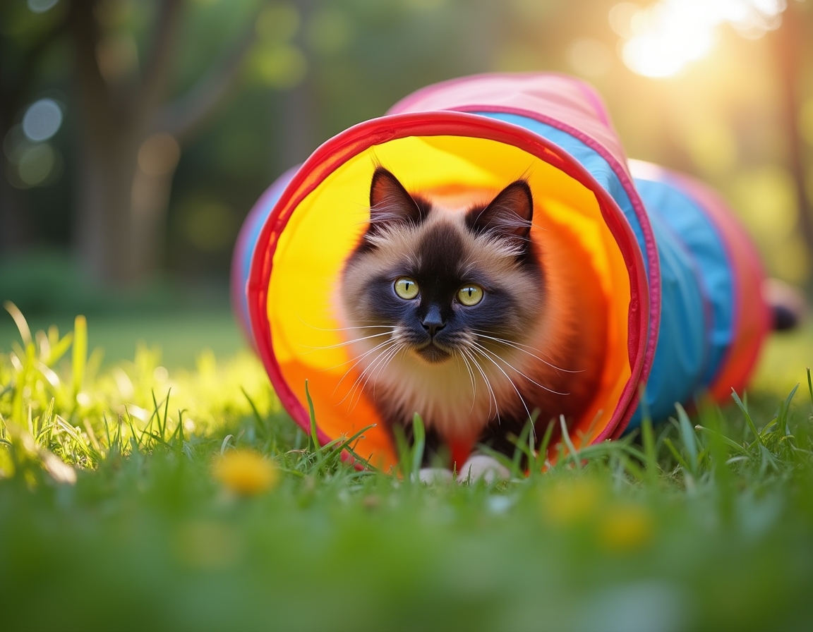Cat explores a colorful play tunnel in a lively garden, its curious expression capturing the playful moment.