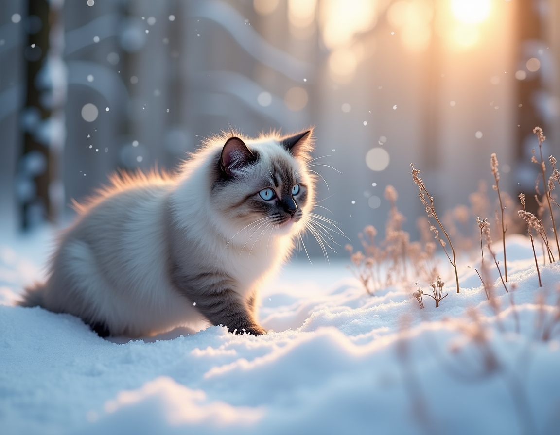 Cat explores a tranquil snowy landscape, its fur dusted with snowflakes as it observes the serene winter forest, bathed in the soft glow of the setting sun.

