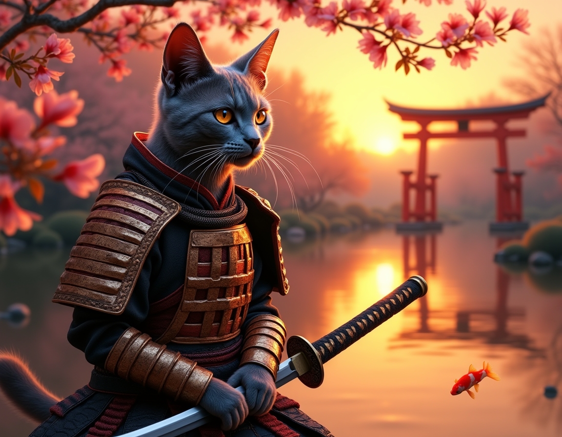 Cat dressed in ornate samurai armor sits in a serene Japanese garden at sunset. Cherry blossoms fall gently, and a koi pond reflects the golden light of the sky.