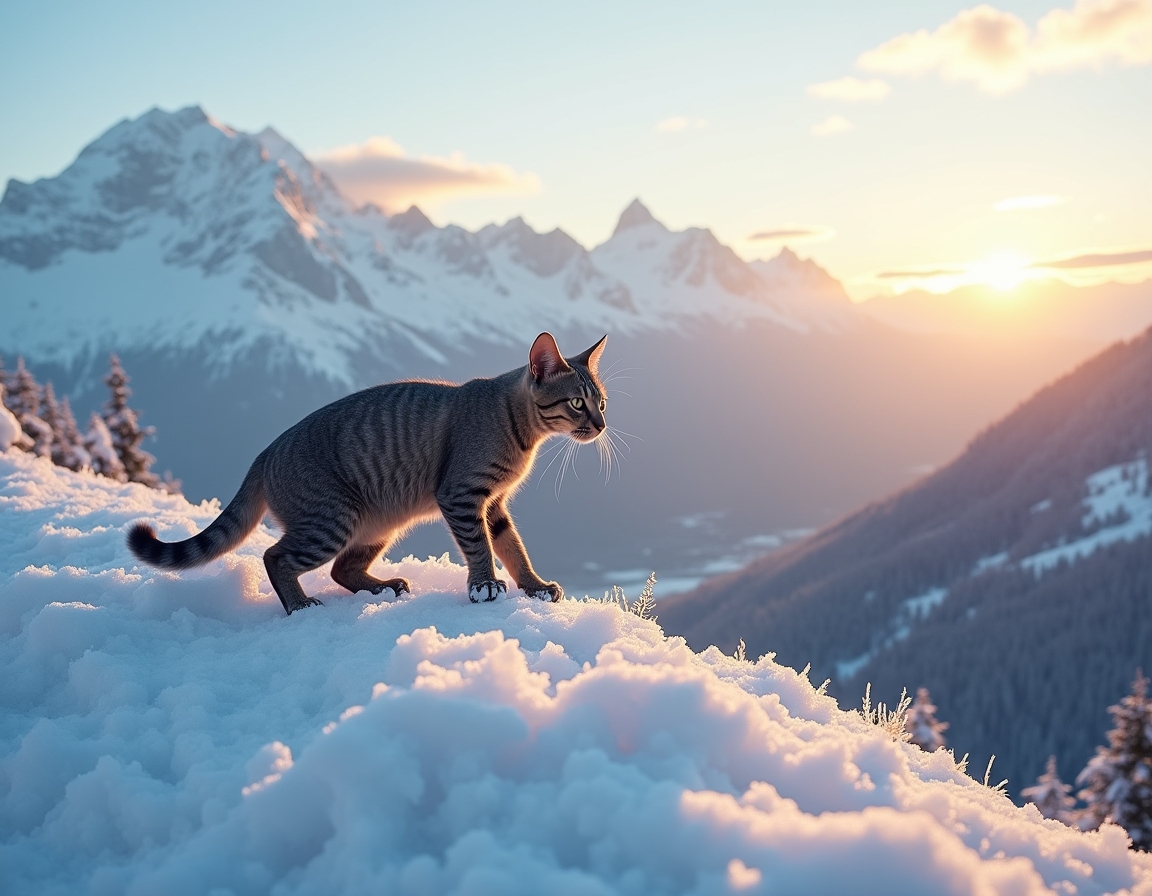 Cat climbs a snow-covered mountain, navigating the icy terrain with determination, surrounded by towering peaks and a breathtaking winter landscape.