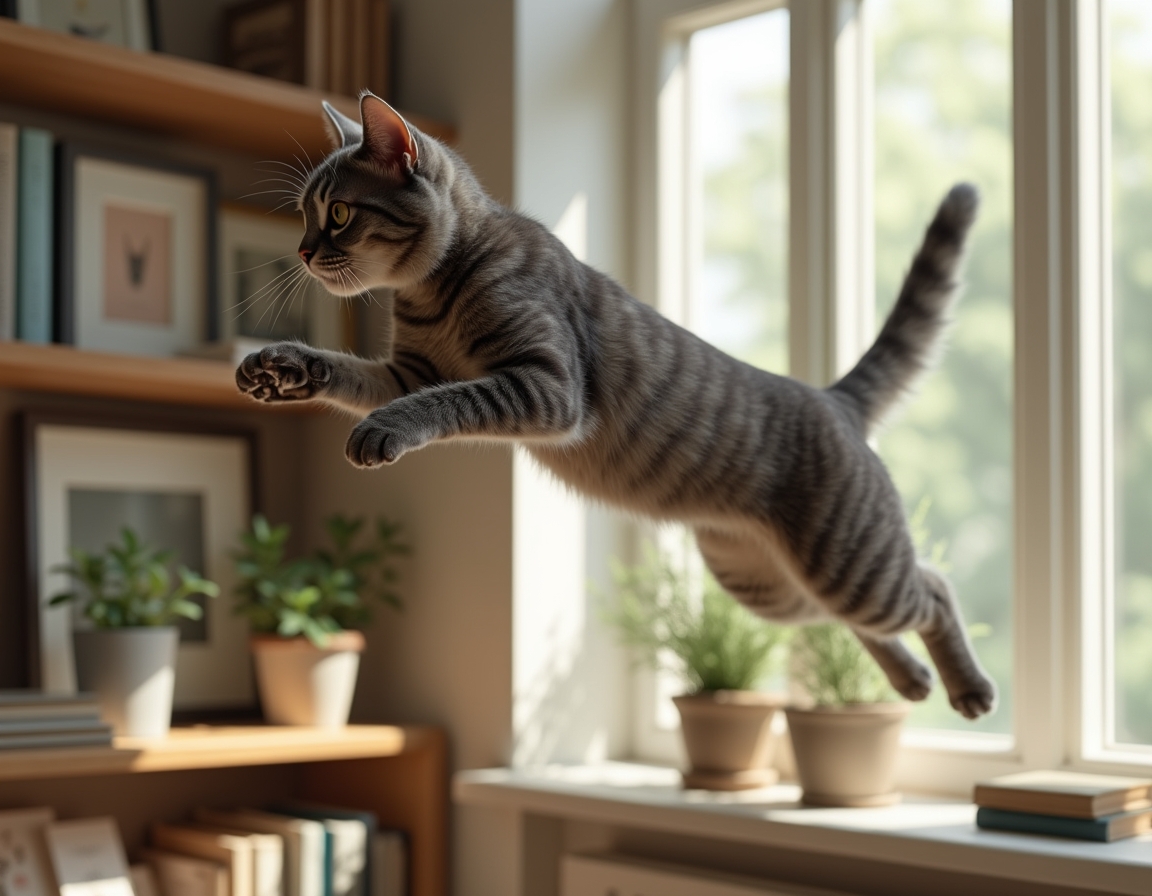 Cat leaps toward a tall shelf filled with books, plants, and framed photos. The room is well-lit with natural light, highlighting the cat’s graceful movement.