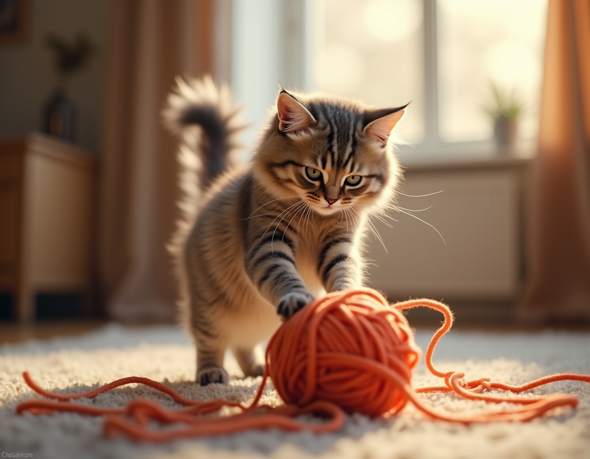 Cat pounces on a colorful ball of yarn on a wooden floor. The scene is bathed in soft sunlight streaming through a window, with a cozy room in the background.