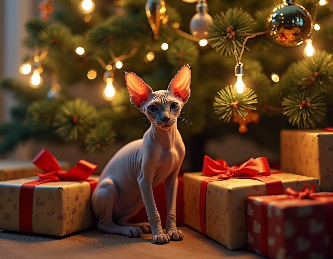Cat sitting under a beautifully decorated Christmas tree, surrounded by twinkling lights, ornaments, and wrapped presents, with a warm, cozy glow.