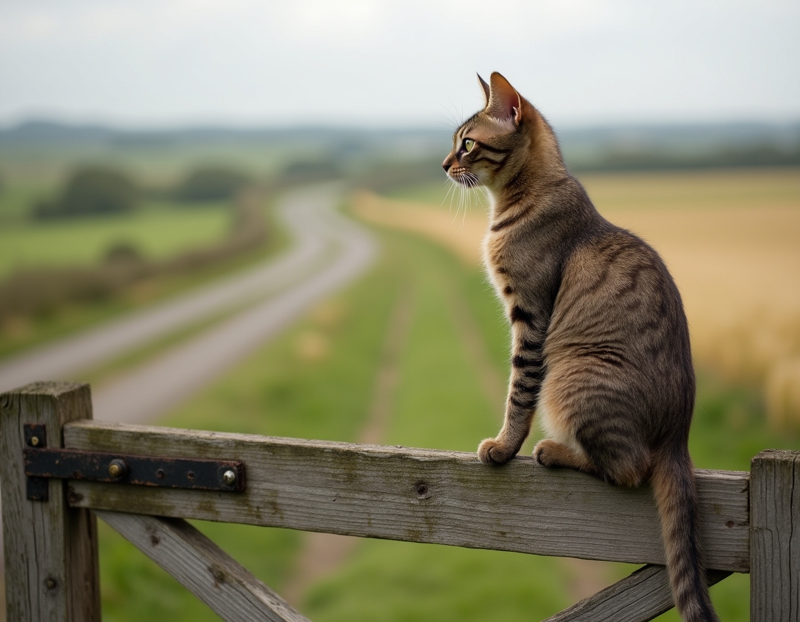 Cat gazes at the quiet beauty of a country road, framed by a weathered wooden gate.