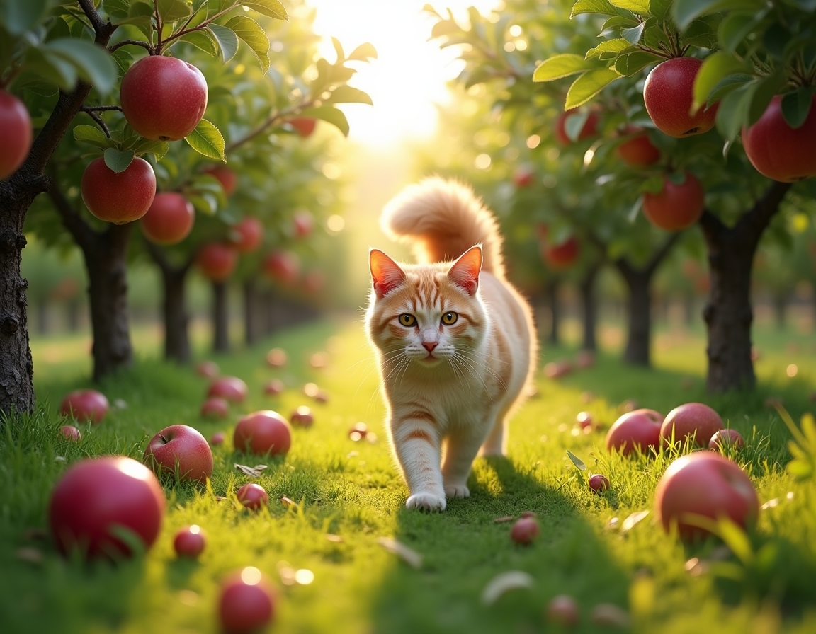 Cat explores an orchard filled with fragrant fruit and dappled sunlight.