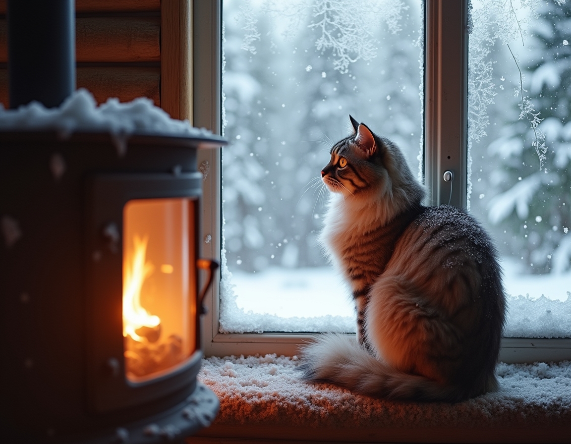 Cat looks out a frosted window at the snowy world outside, while the cozy warmth of the cabin and the glow of the fireplace create a peaceful, inviting atmosphere.