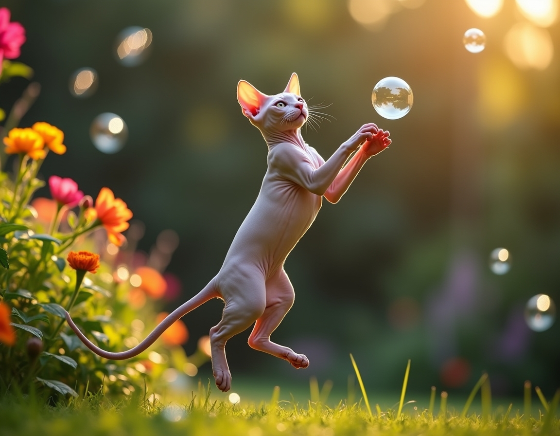 Cat leaps gracefully at a floating bubble, surrounded by a vibrant garden filled with flowers and greenery.