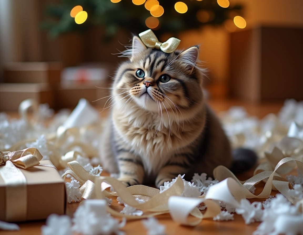 Playful cat surrounded by crumpled wrapping paper, ribbons, and empty boxes, with a shiny bow on its head. Christmas decorations and half-wrapped presents complete the festive scene.