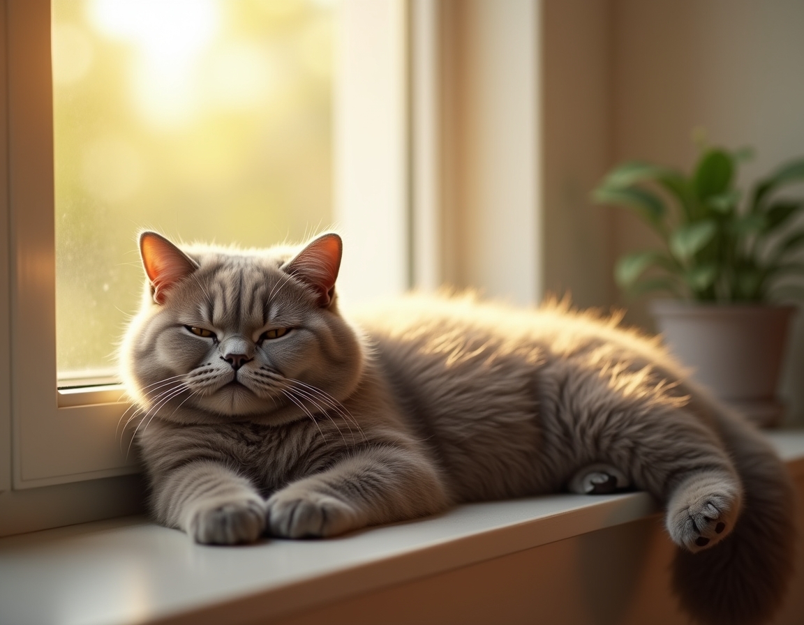 Relaxed cat lies on a sunlit windowsill, its fur glowing in the soft afternoon light. A small potted plant sits nearby, and the blurred background reveals trees outside.