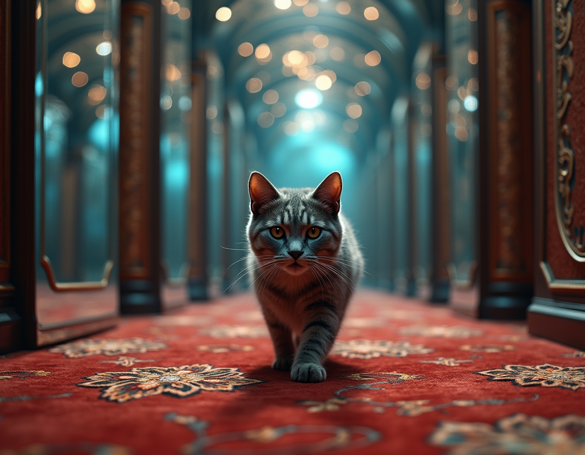 Cat navigates a maze where every surface is a magic-infused mirror, reflecting surreal visions and shifting illusions. Soft, colorful light accentuates each step, turning the labyrinth into a glittering puzzle filled with wonder and mystery.