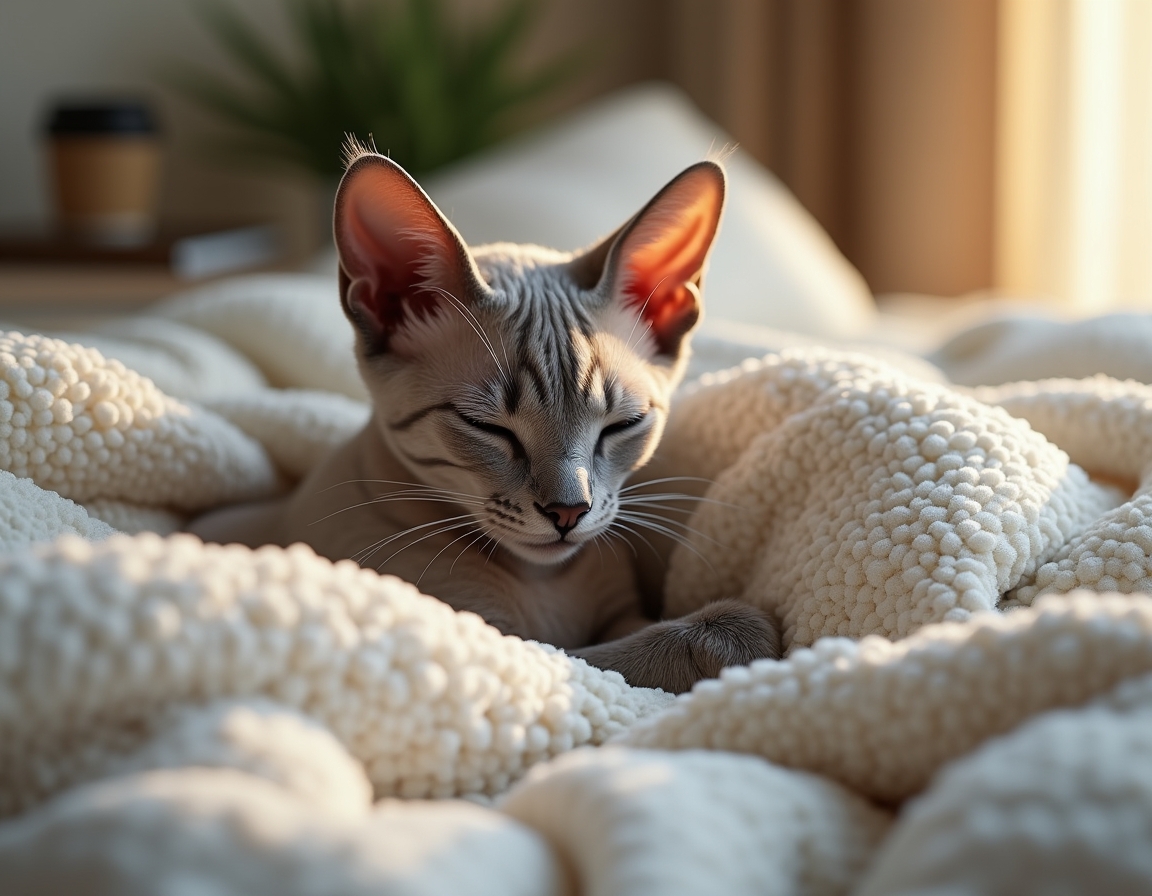 Cat is nestled under soft blankets on a bed, its eyes half-closed in peaceful relaxation. Morning sunlight streams through a nearby window, highlighting the soft textures of the bedding.