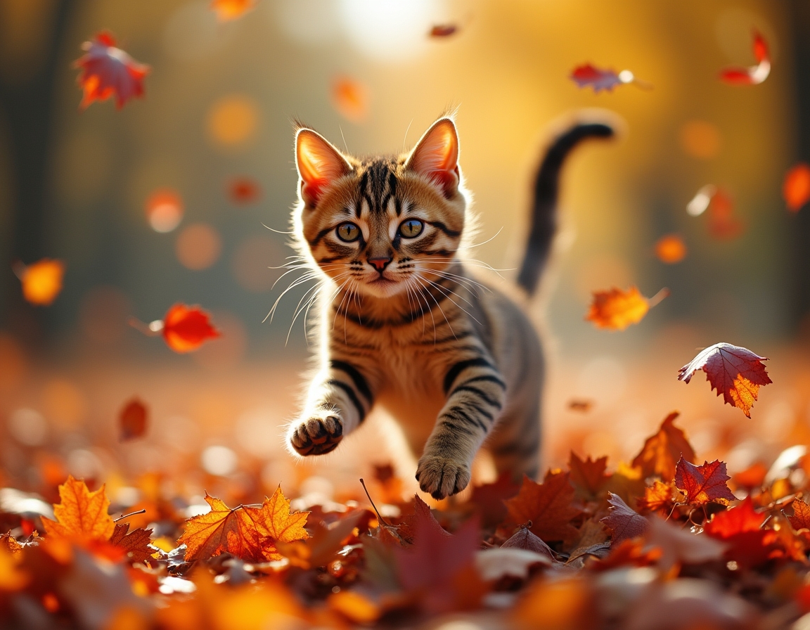 Cat jumps joyfully into a pile of autumn leaves, scattering vibrant colors and radiating playful energy.