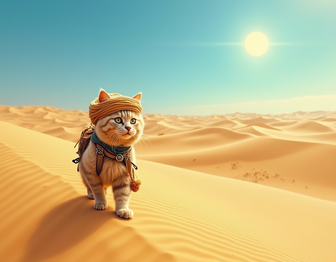 Cat crosses vast desert dunes, guided by the sun’s relentless heat and the promise of hidden oases. The scene is filled with swirling sand, vibrant skies, and an air of adventurous determination.