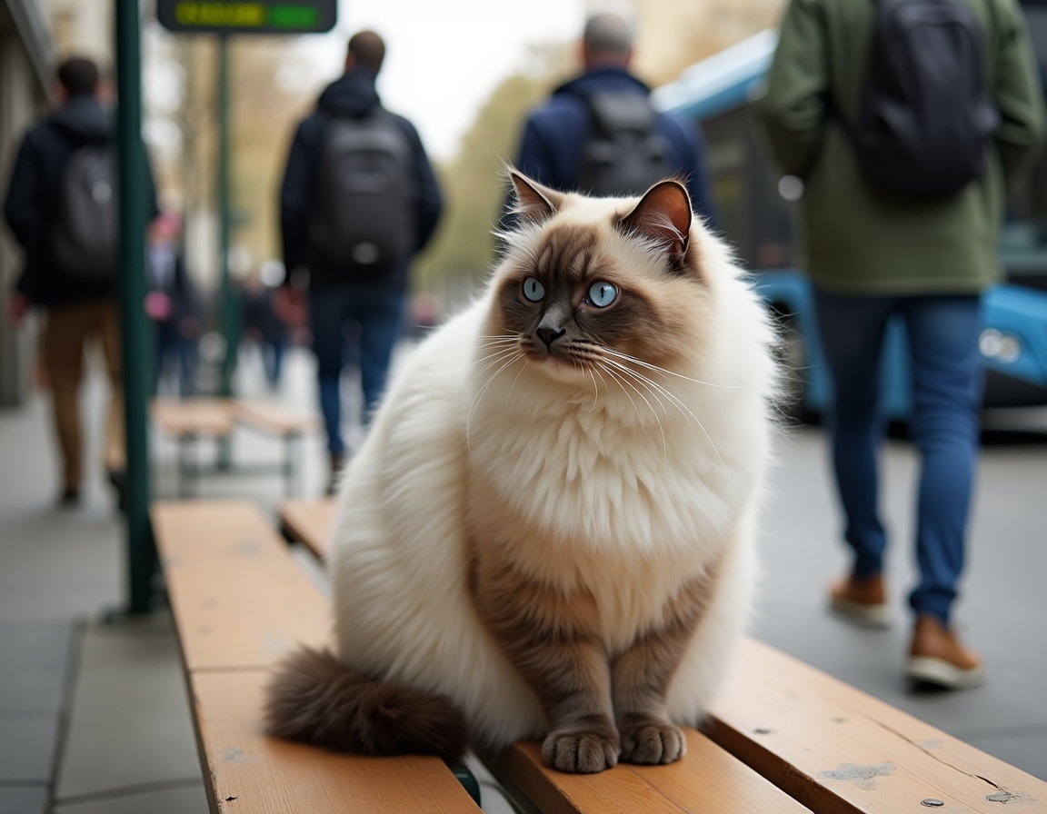 Cat observes the activity of a city bus stop, soaking in the energy of urban life.