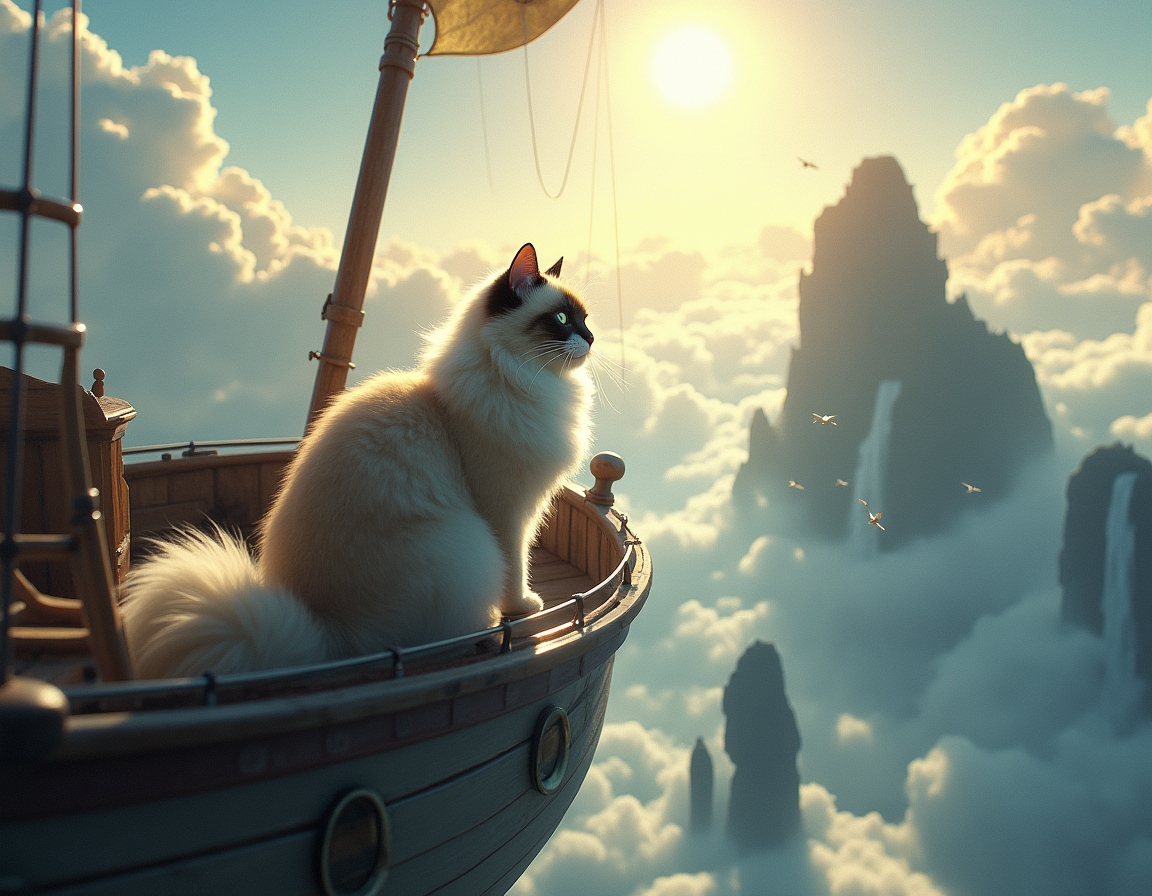 Cat captains a floating pirate ship that navigates between massive cloud-islands. Waterfalls spill over island edges, and mysterious winged creatures soar among the clouds, creating a thrilling, airborne fantasy voyage.