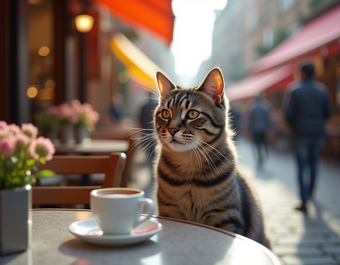 Cat sits contentedly at an outdoor cafe, enjoying the bustling streets and warm sunlight.