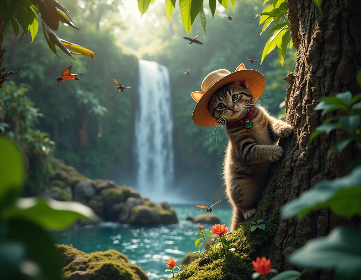 Cat wearing an explorer’s hat climbs a tree in a lush jungle. Waterfalls and dense greenery surround the scene, with sunlight filtering through the canopy.