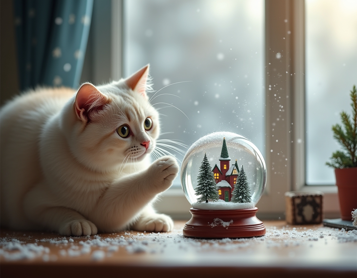 Playful cat bats at a snow globe on a table, mesmerized by the swirling snowflakes inside. The globe features a miniature Christmas village, while a snowy landscape is visible through the window in the background, enhancing the festive atmosphere.