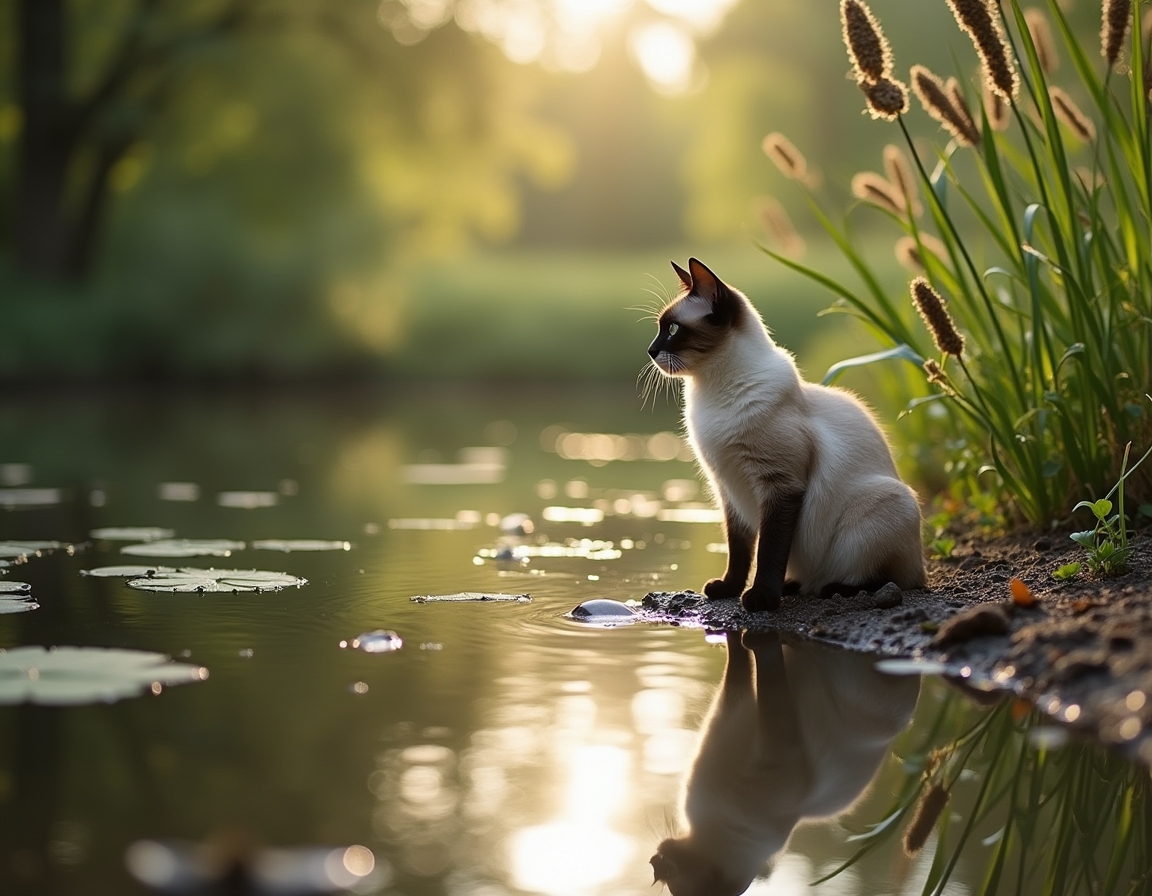 Cat observes a serene countryside pond, reflected in its still waters.