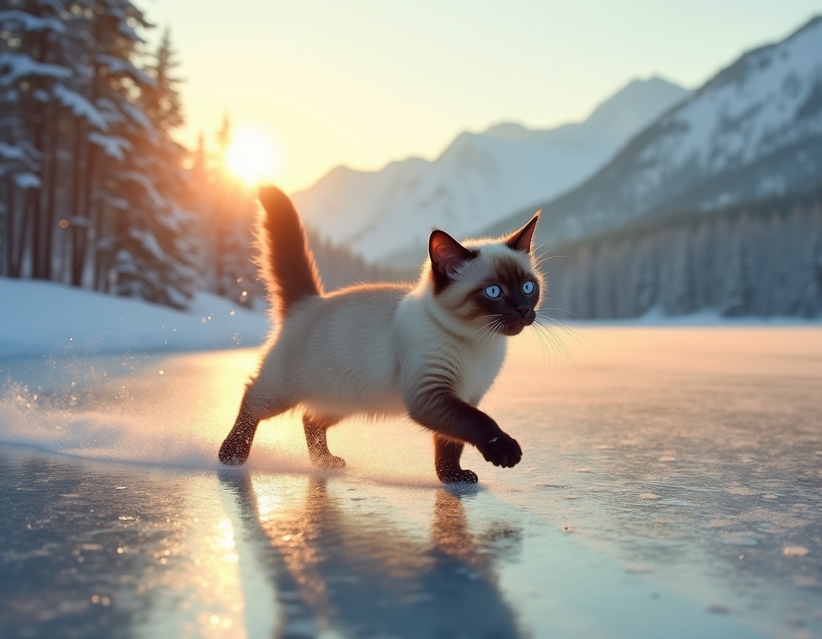 Cat enjoys a playful glide across a frozen lake, surrounded by snow-covered trees and distant mountains, with the soft glow of the setting sun reflecting off the ice.

