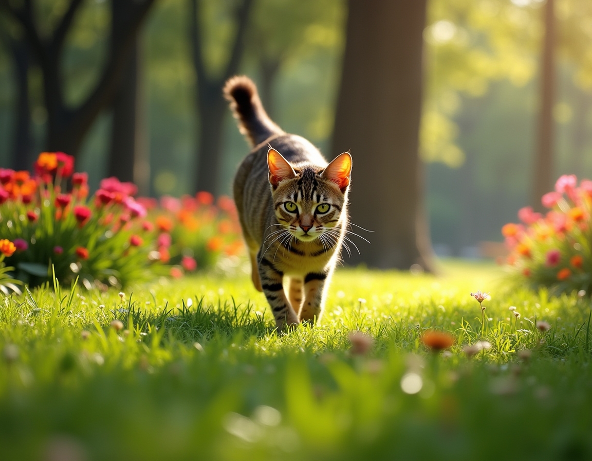 Cat enjoys a lively city park, playing and exploring the greenery amidst the urban backdrop.