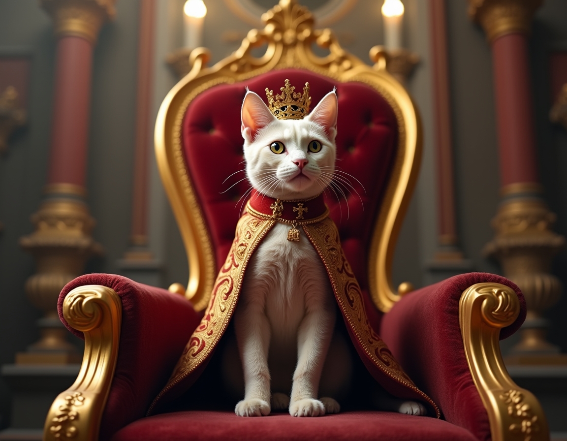 Cat poses regally on a golden throne inside a castle, wearing a crown and cape. Ornate royal decorations surround the scene.