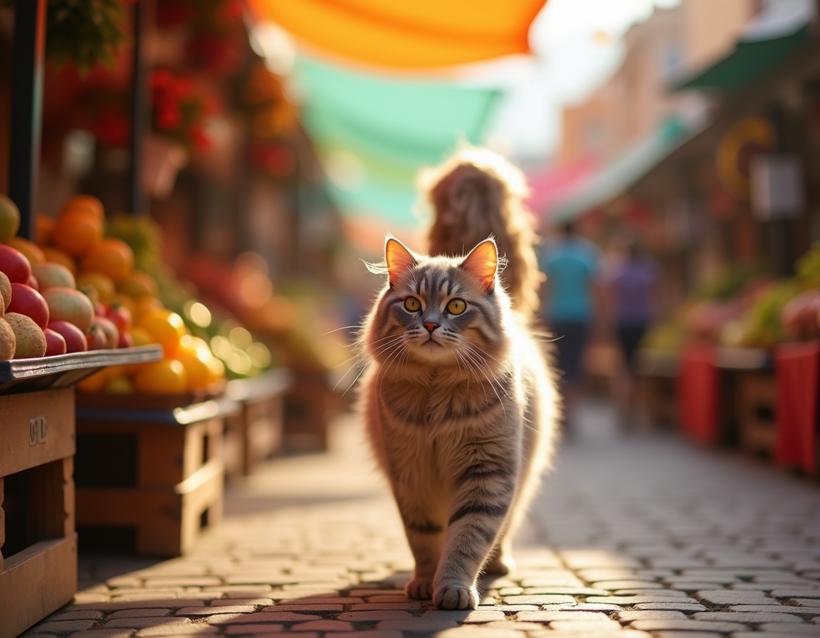 Cat wanders through a lively market, surrounded by fresh produce, baked goods, and aromas.