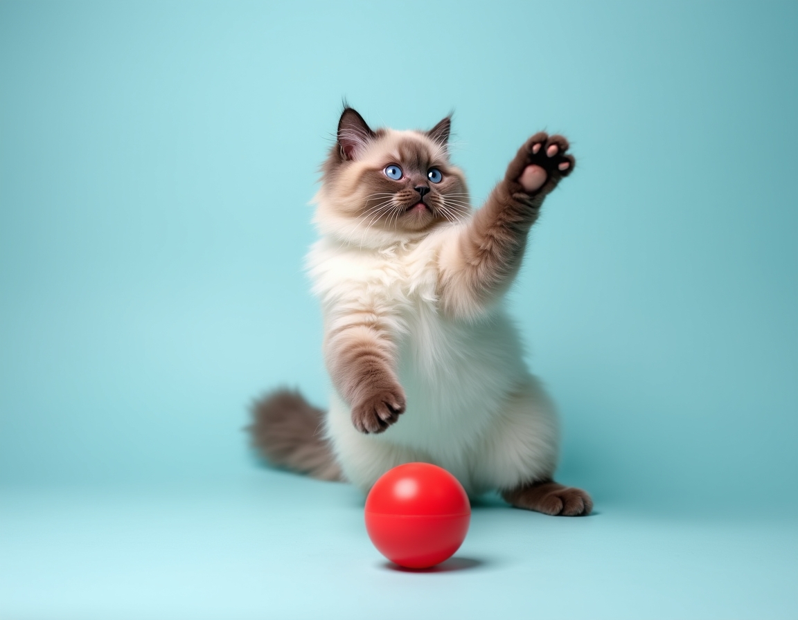 Playful studio photo of cat interacting with a bright red ball. The cat is mid-action with its paw raised, and the pastel blue background and balanced lighting create a cheerful, vibrant atmosphere that highlights the cat’s agility and energy.