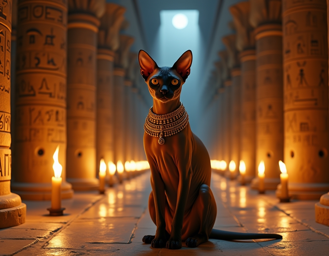 Cat dressed in luxurious golden regalia sits in an ancient Egyptian temple at night, surrounded by hieroglyphs and lit torches. The cat exudes the aura of a revered feline goddess, capturing the timeless majesty of ancient Egypt.