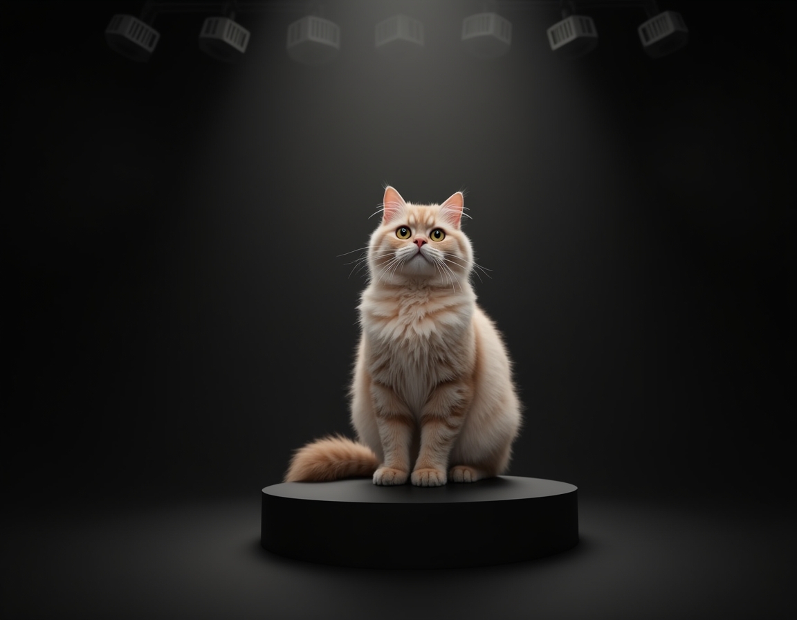 Photorealistic studio portrait of cat sitting elegantly on a black podium under a bright spotlight.