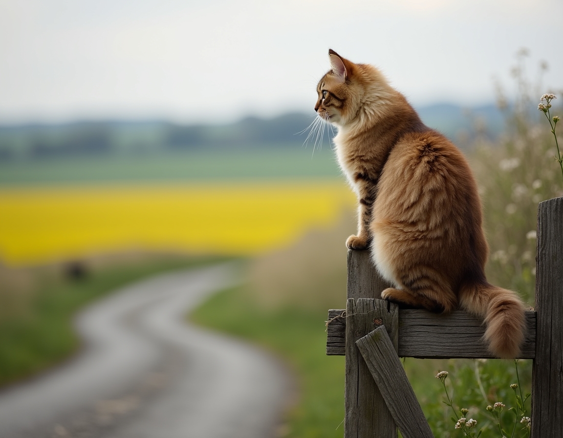 Cat gazes at the quiet beauty of a country road, framed by a weathered wooden gate.