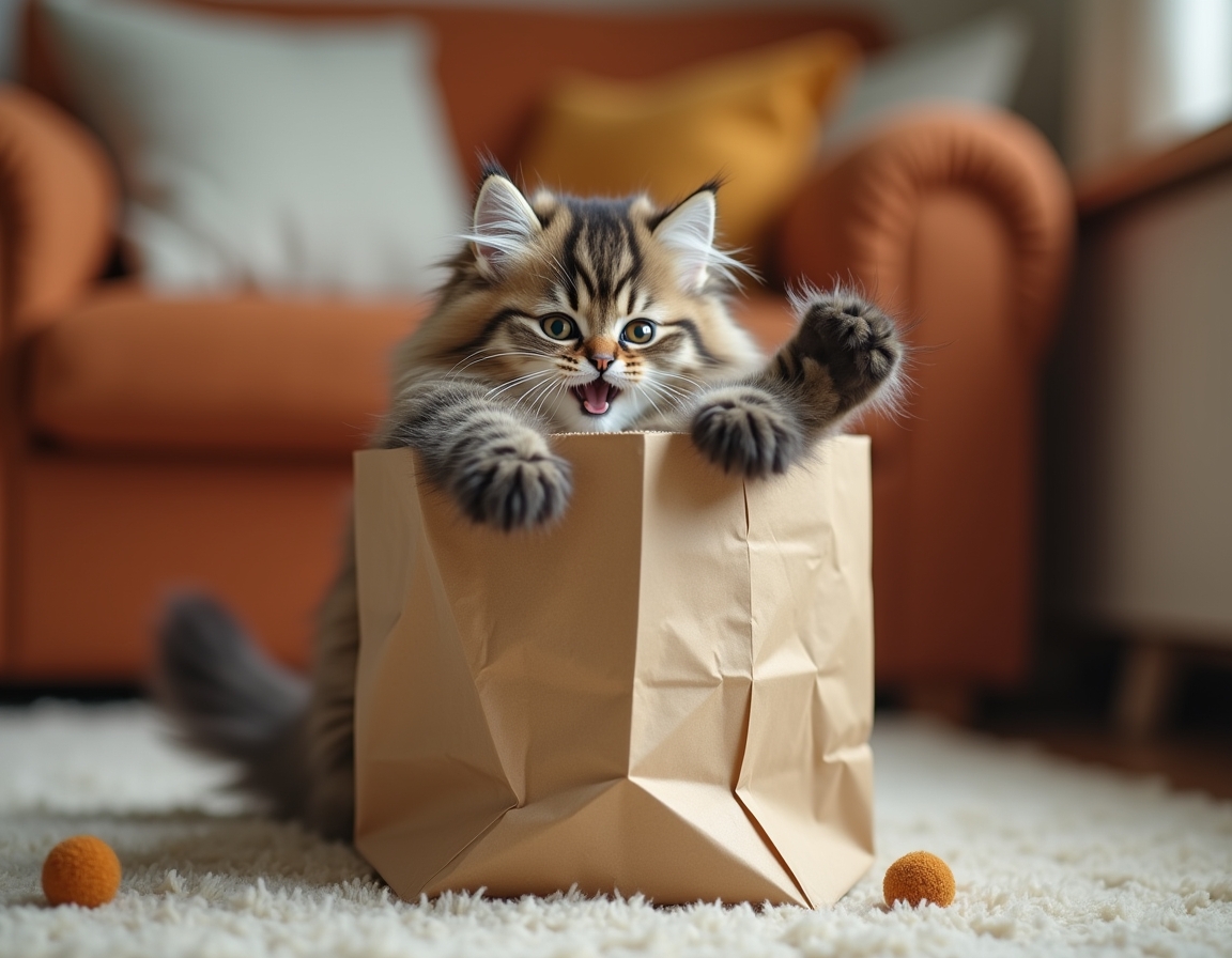 Cat hides partly inside a crumpled paper bag, with its paws playfully batting at the edges. The room features cozy decor with soft lighting and homey furniture.
