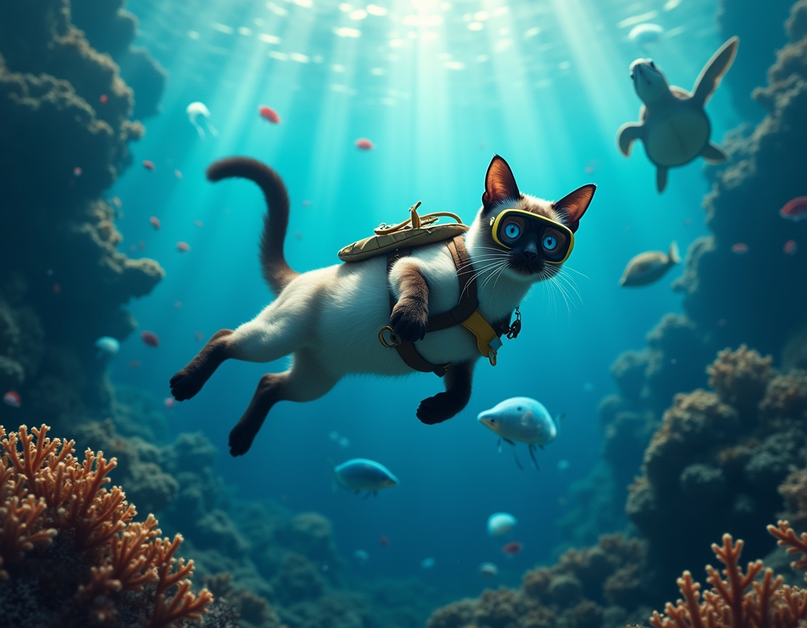 Cat in a wetsuit and diving mask swims through a vibrant underwater scene, surrounded by glowing jellyfish, colorful fish, and coral reefs illuminated by sunlight.