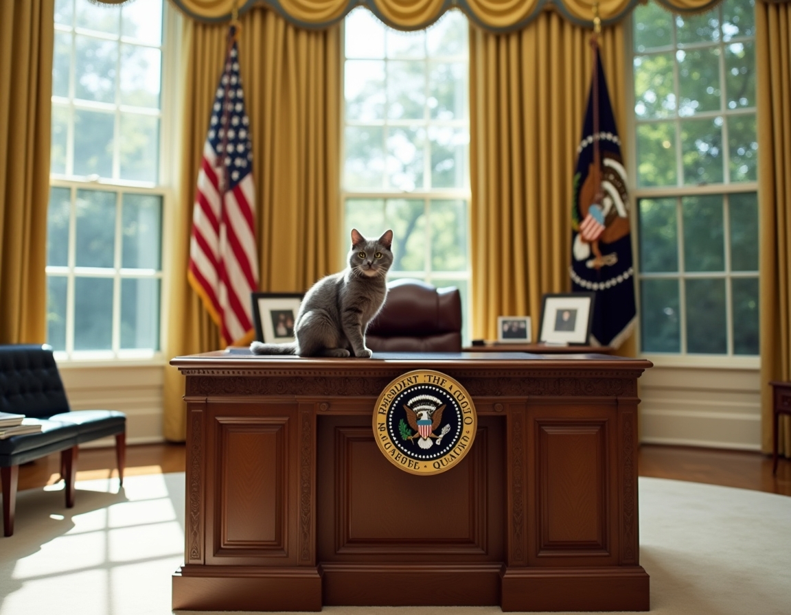 Cat perched on the Resolute Desk in the Oval Office, basking in the dignified atmosphere of the new administration.