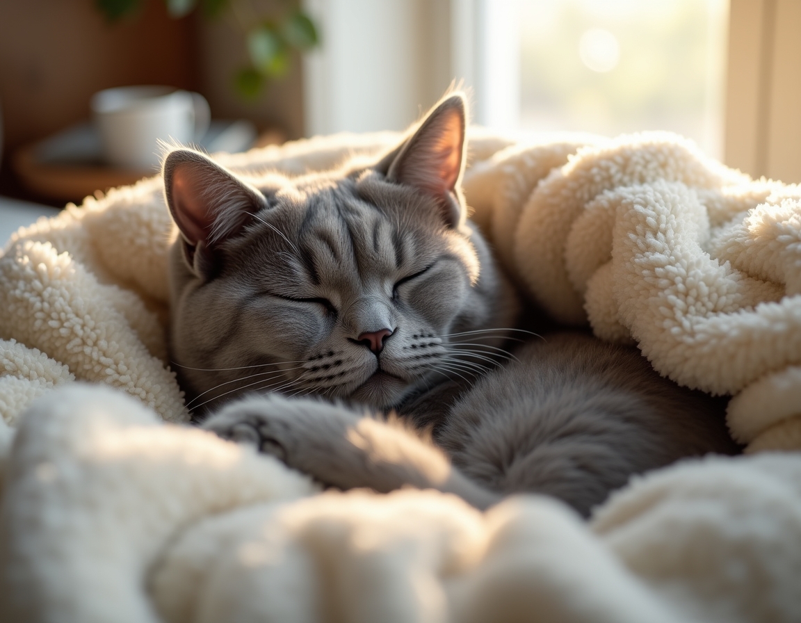 Cat is nestled under soft blankets on a bed, its eyes half-closed in peaceful relaxation. Morning sunlight streams through a nearby window, highlighting the soft textures of the bedding.