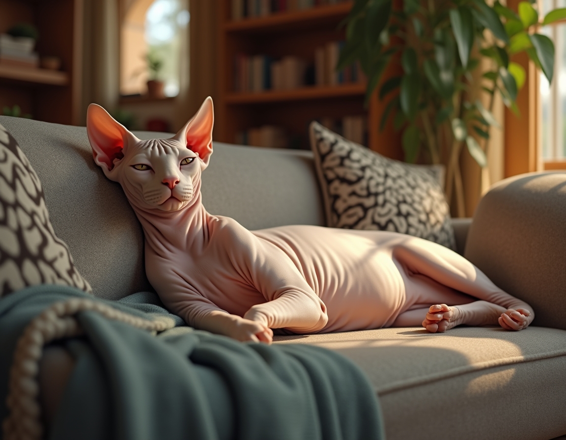 Cat sprawls lazily on a cozy couch, surrounded by decorative pillows and a draped blanket. Soft natural light from a window illuminates its fur, creating a calm, homely atmosphere.