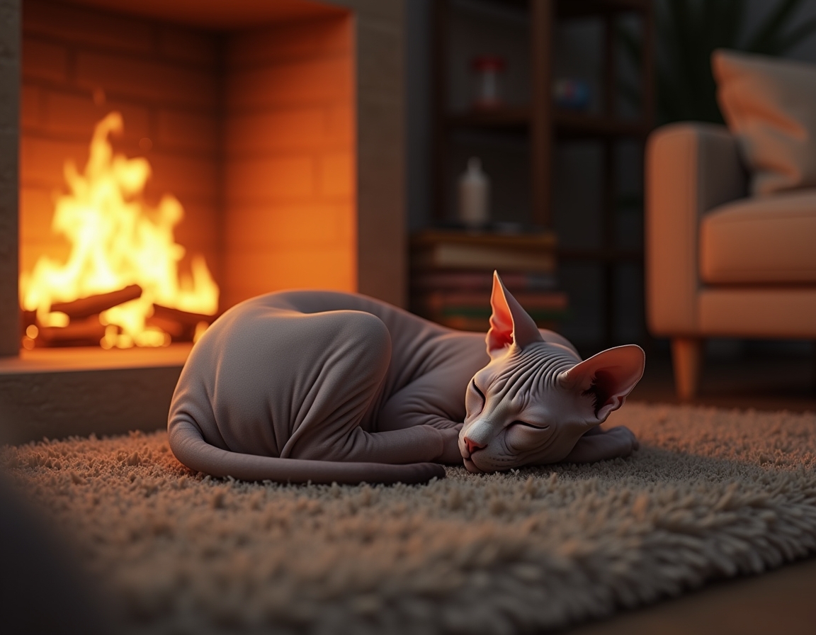 Cat is curled up on a plush rug in front of a glowing fireplace. Its fur glistens in the warm firelight, with cozy living room details like books and candles in the background.