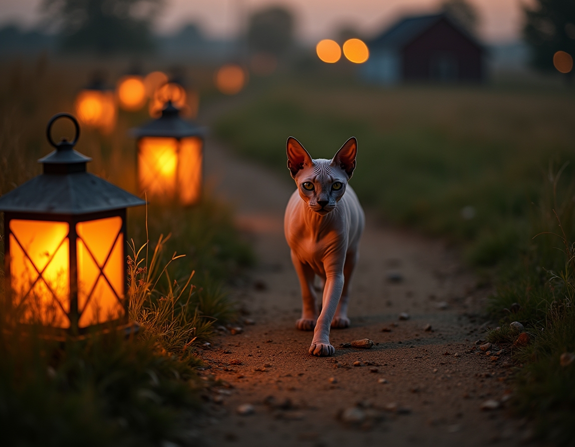 Cat enjoys a quiet walk along a farm path, illuminated by the soft glow of evening lanterns.