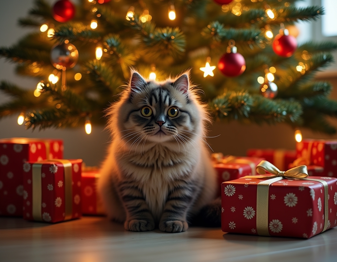 Cat sitting under a beautifully decorated Christmas tree, surrounded by twinkling lights, ornaments, and wrapped presents, with a warm, cozy glow.