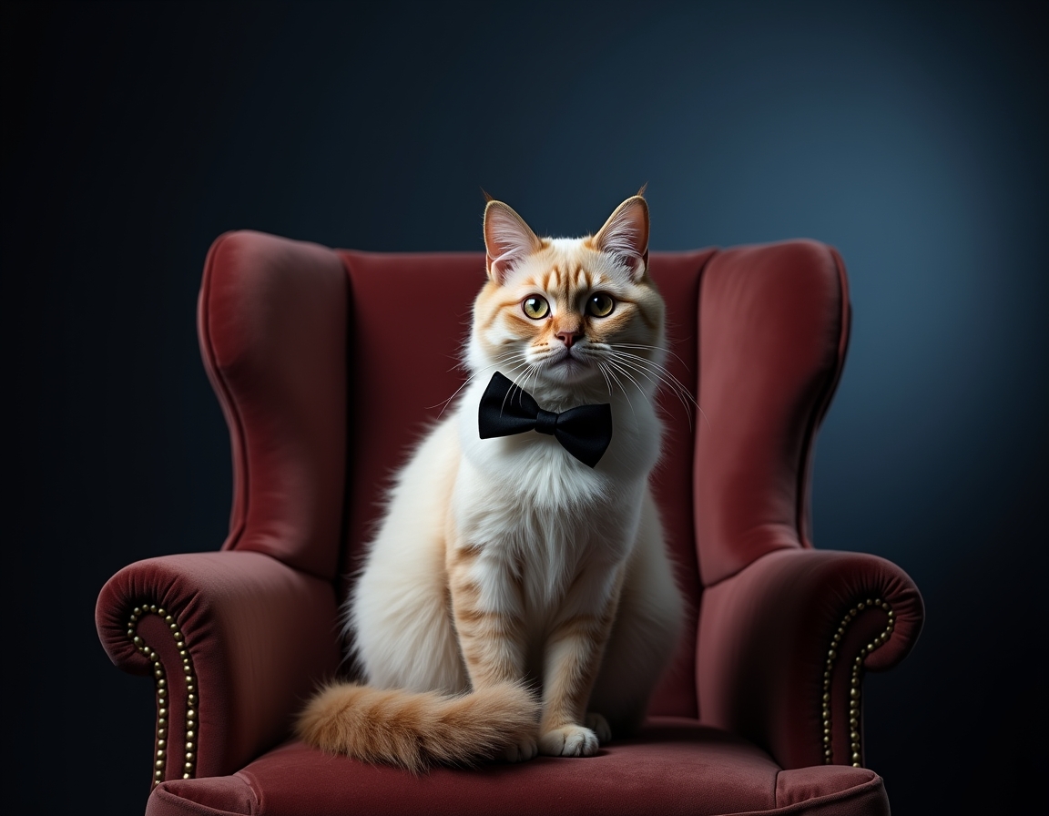 Photorealistic image of cat posed on a luxurious velvet chair in a studio. The backdrop is a deep navy blue with soft spotlighting that highlights the cat's fur and a sleek black bowtie, giving the scene a sophisticated, formal atmosphere.