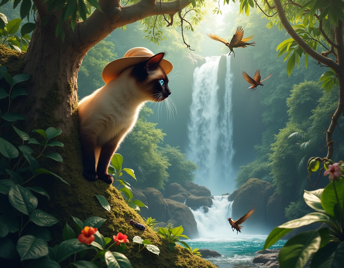 Cat wearing an explorer’s hat climbs a tree in a lush jungle. Waterfalls and dense greenery surround the scene, with sunlight filtering through the canopy.