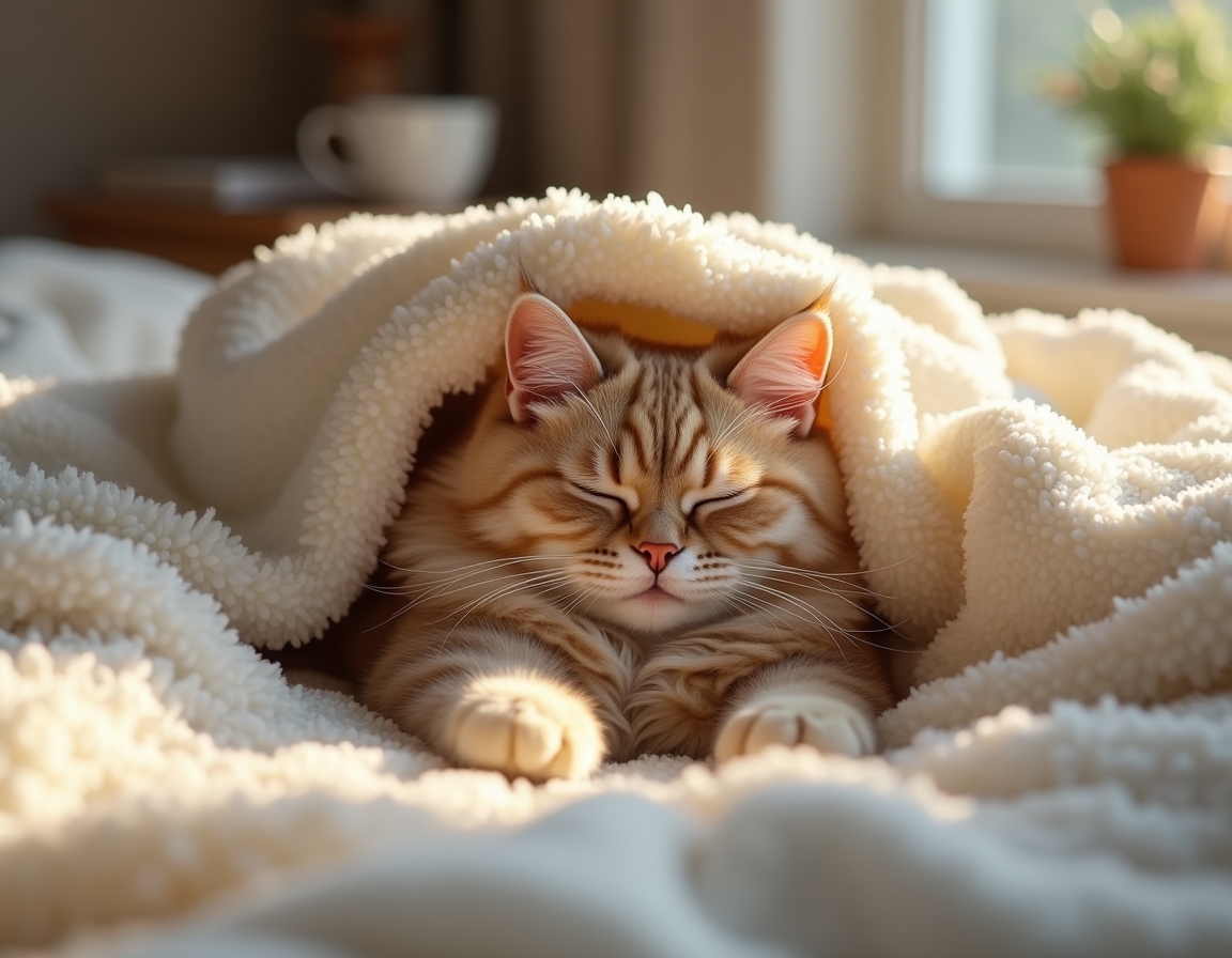 Cat is nestled under soft blankets on a bed, its eyes half-closed in peaceful relaxation. Morning sunlight streams through a nearby window, highlighting the soft textures of the bedding.