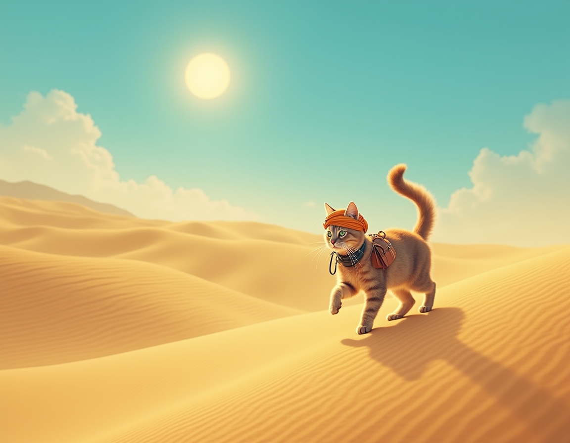 Cat crosses vast desert dunes, guided by the sun’s relentless heat and the promise of hidden oases. The scene is filled with swirling sand, vibrant skies, and an air of adventurous determination.