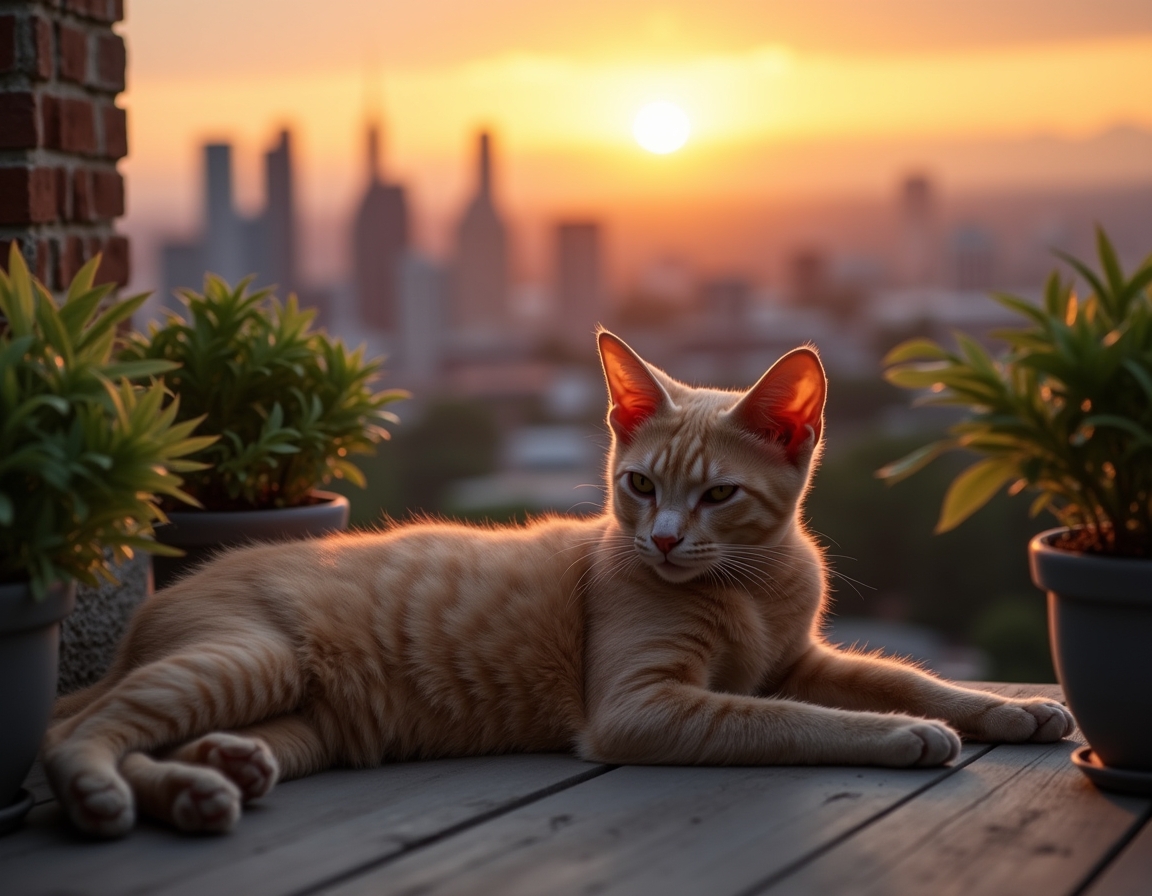 Cat relaxes on a rooftop terrace, enjoying the serenity above the urban buzz.