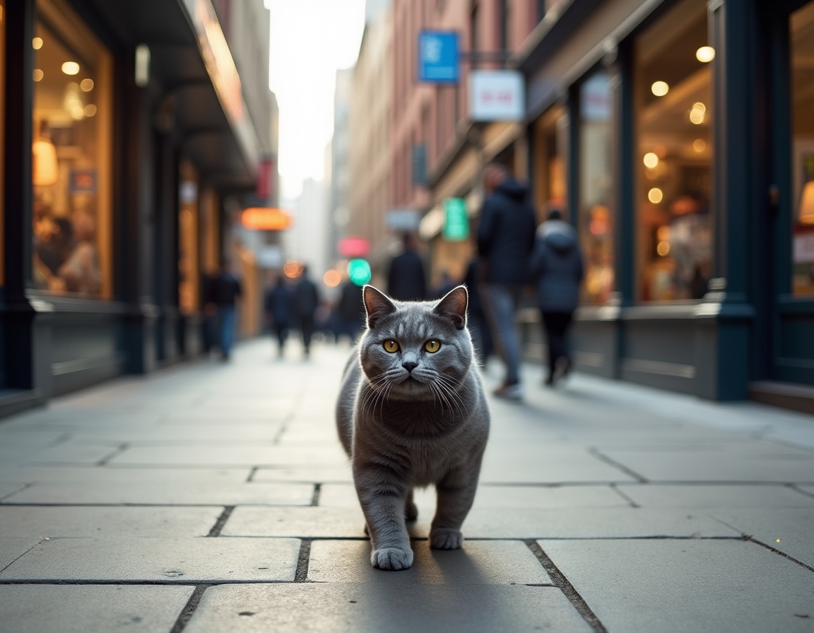 Cat strolls down a city sidewalk, confidently navigating the vibrant cityscape.