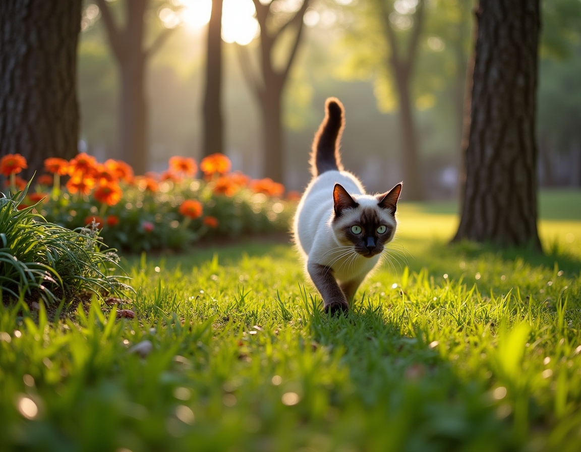 Cat enjoys a lively city park, playing and exploring the greenery amidst the urban backdrop.