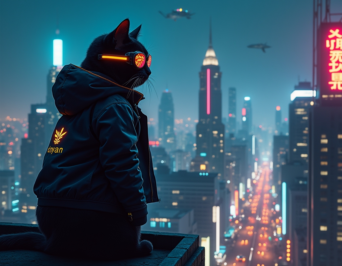 Cat stands on a futuristic skyscraper rooftop, wearing glowing cybernetic goggles. A neon-lit cityscape with flying cars and holograms stretches below.