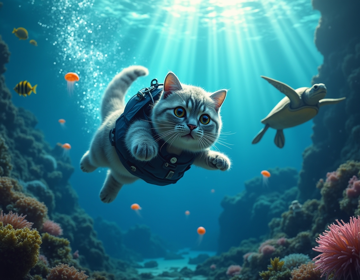 Cat in a wetsuit and diving mask swims through a vibrant underwater scene, surrounded by glowing jellyfish, colorful fish, and coral reefs illuminated by sunlight.