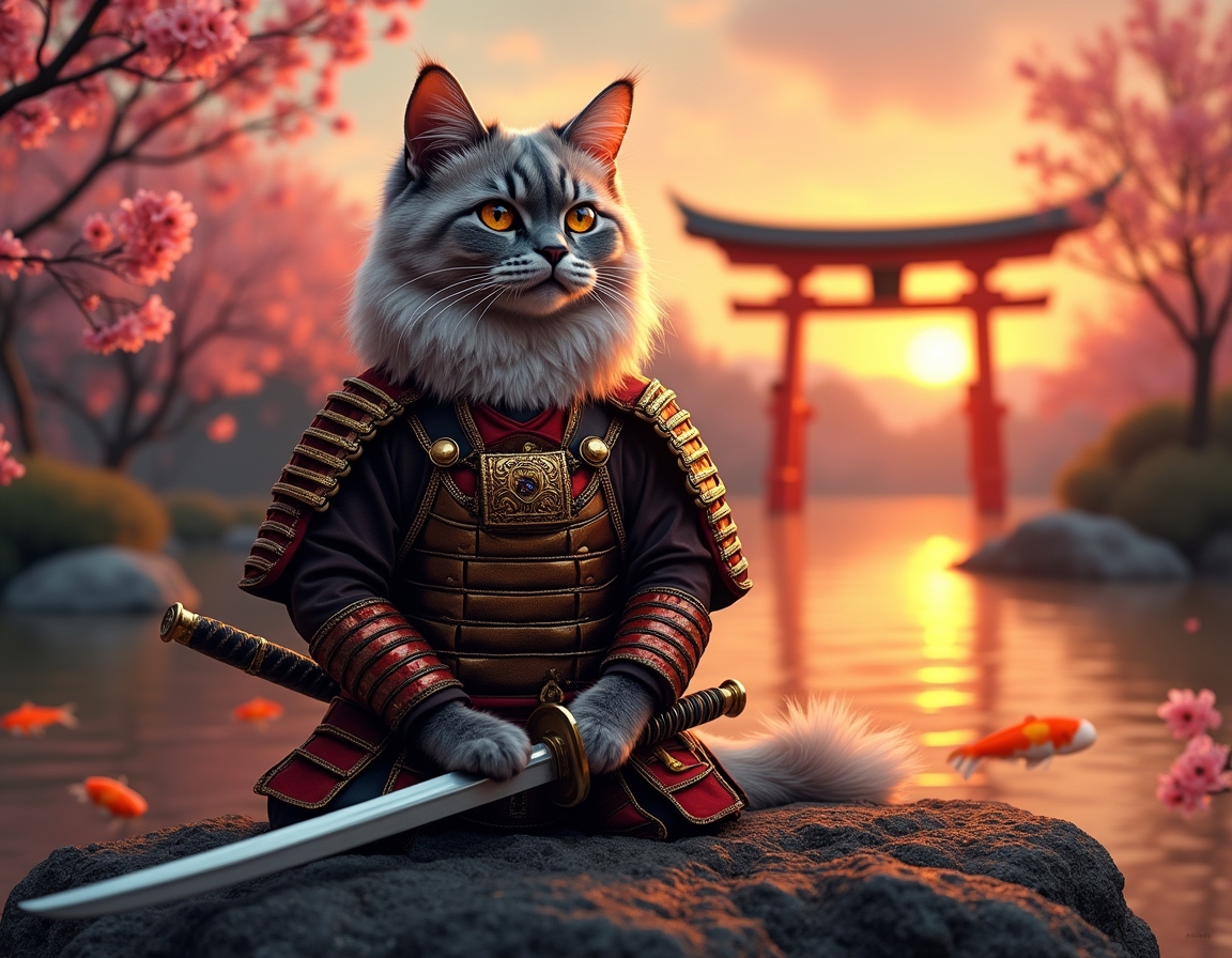 Cat dressed in ornate samurai armor sits in a serene Japanese garden at sunset. Cherry blossoms fall gently, and a koi pond reflects the golden light of the sky.